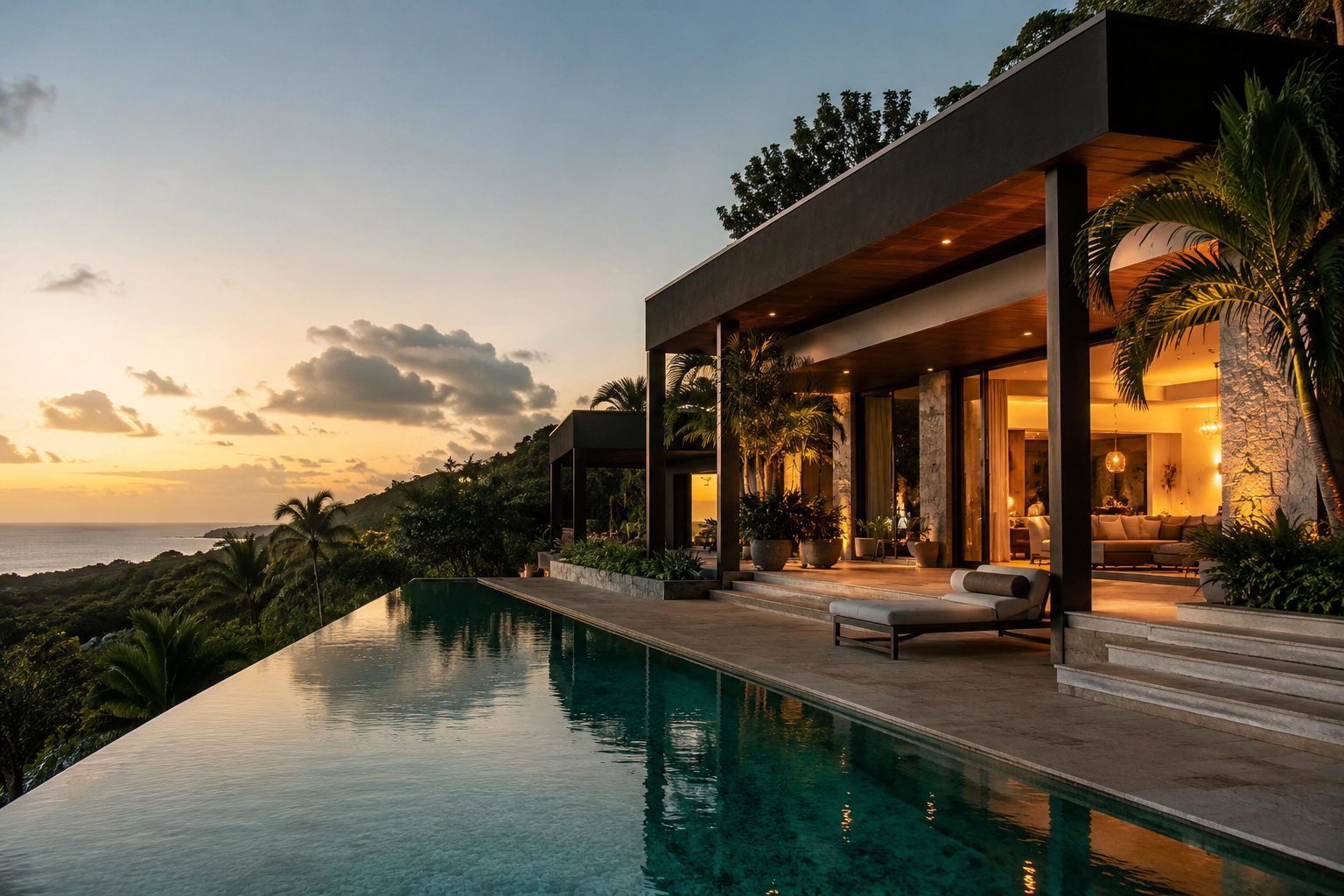 Modern villa surrounded by tropical greenery